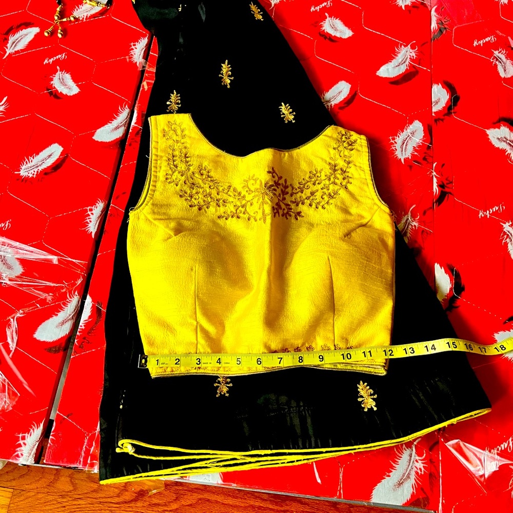 This black and lemon Indian chaniya choli with duppata.